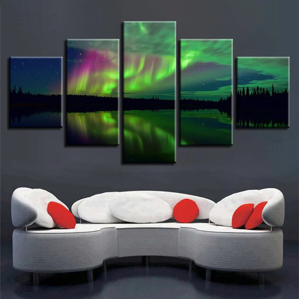 Canvas HD Print Painting Modular Pictures 5 Panel Beautiful Aurora Borealis Frame Wall Art Poster Modern Home Decor Living Room