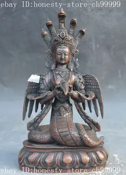 

10"Tibet Buddhism Bronze 5-Heads Snake Naga Kanya Buddha Goddess kwan-yin Statue