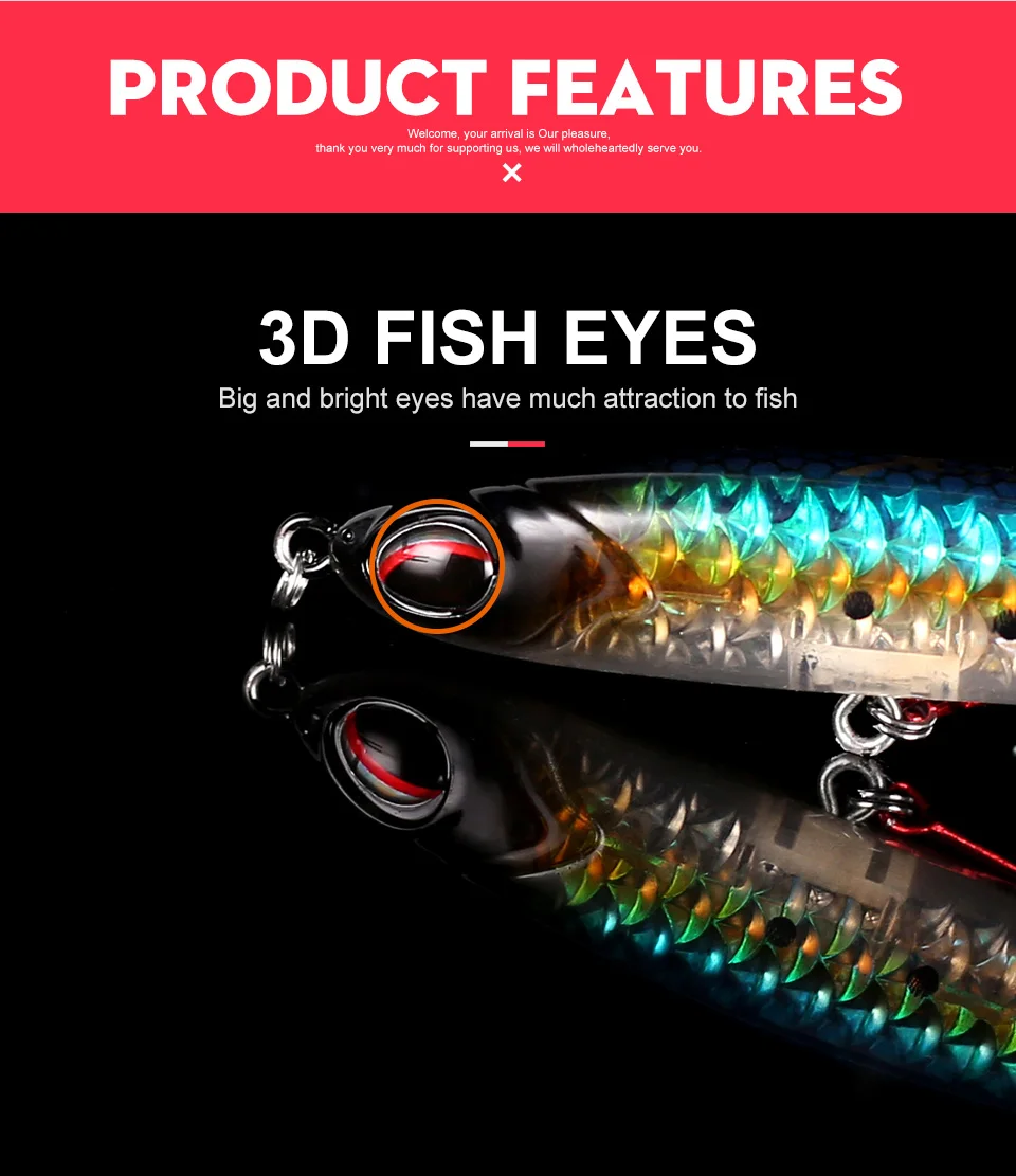 KINGDOM Hot High Quality Pencil & Minnow Fishing Lure Top water Hard Baits Good Action and Special reflective shiny fish skin  (6)