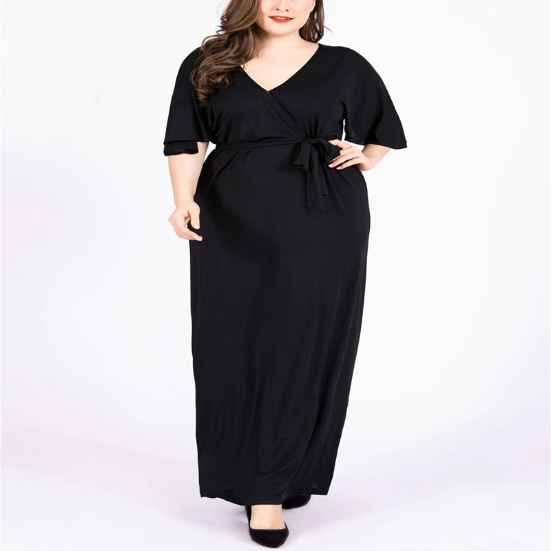 

Summer fashion plus size dress 6XL 7XL 8XL quality ladies new V-neck lace-up bat sleeve long stitching solid color dress