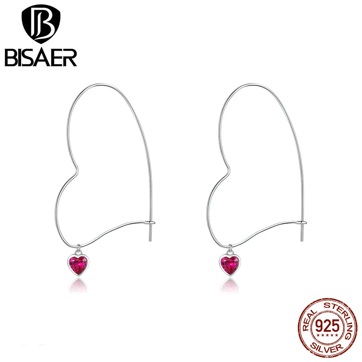 BISAER, серьги для любви, 925 пробы, серебро, романтичное сердце, розовый циркон, изысканные серьги-гвоздики для женщин, свадебные ювелирные изделия