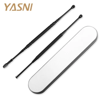 

2PCS/SET Black Ear Wax Pickers Stainless Steel Ear Pick Wax Curette Remover Cleaner Ear Care Tool EarPick With Metal Case FS103