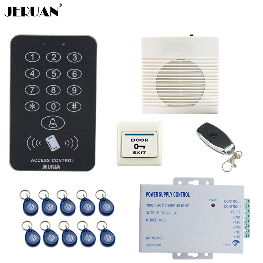 

JERUAN Cool black RFID Password Access Controller system kit+Speaker doorbell+Remote control+Exit Button+ Free shipping