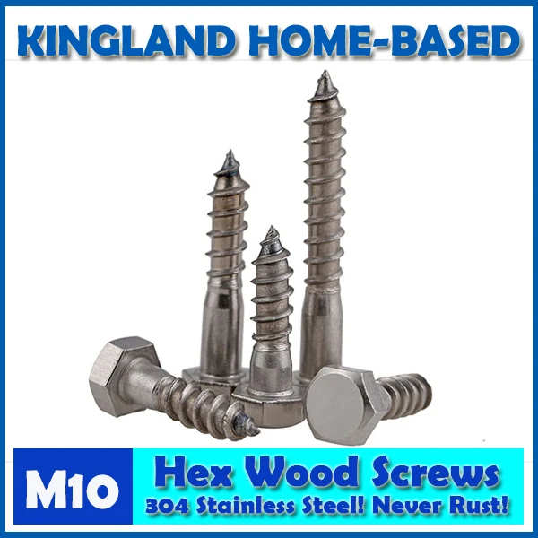 2 Pcs M10 DIN571 External Hex Head Self Tapping Wood Screws Stainless Steel Wood Working Outdoor