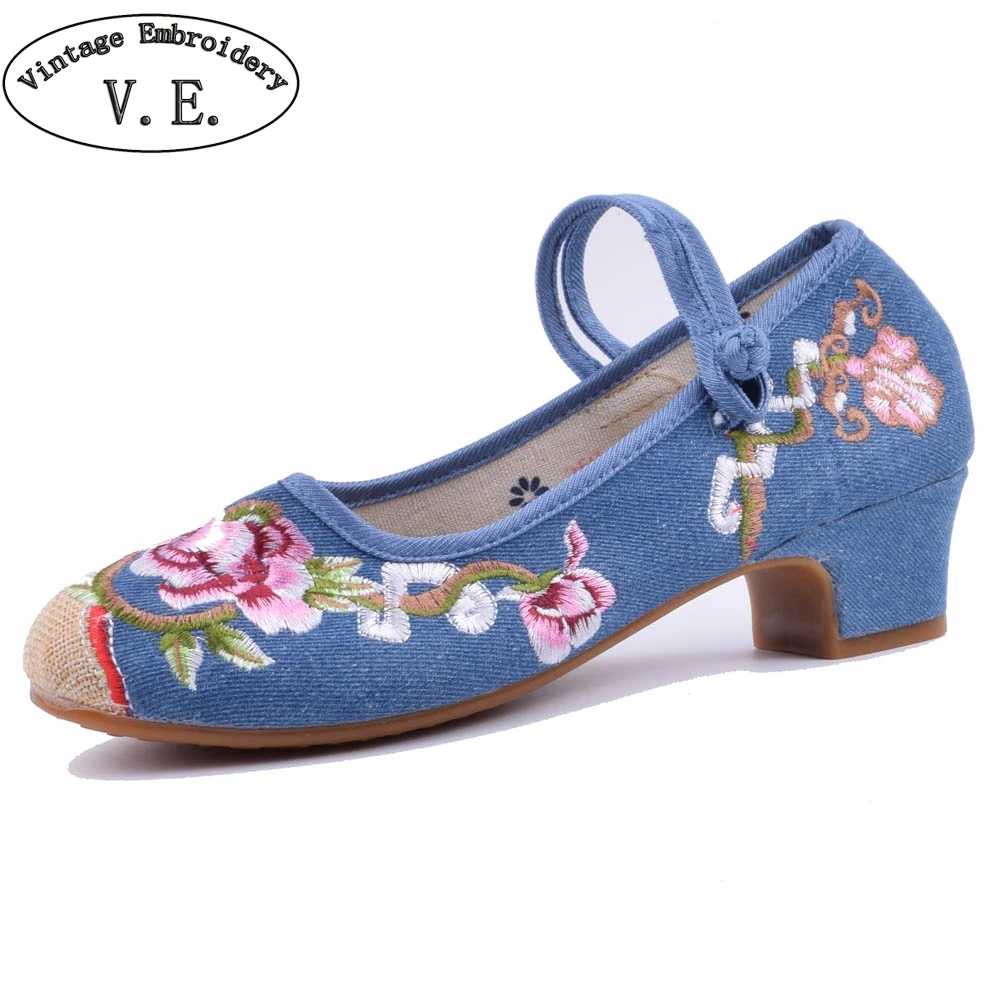 

Vintage Chinese Women Pumps 3-5cm High Heels Embroidered Shoes Casual Mary Jane Shoes Woman Latin Dance Ballet Shoes For Lady