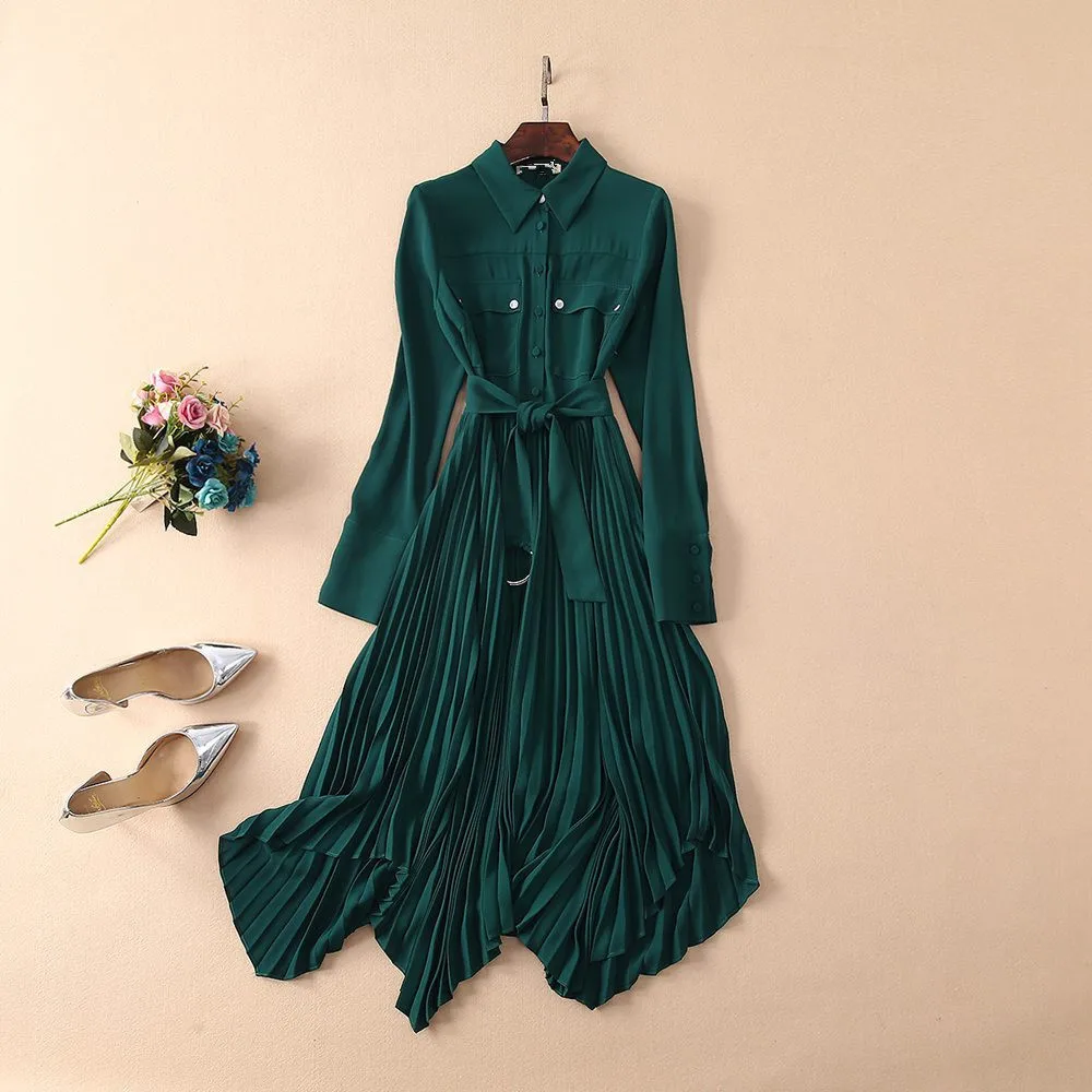 

European and American women's fashion 2019 spring Summer turn down collar button pocket long sleeve pleated Green Shirt dress