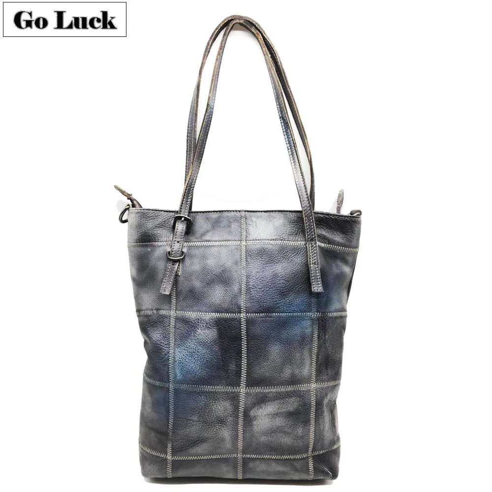 

Genuine Leather Large Tote Handbag Women Crossbody Shoulder Bag Ladies Messenger Bags Vintage Brush Off Plaid Style
