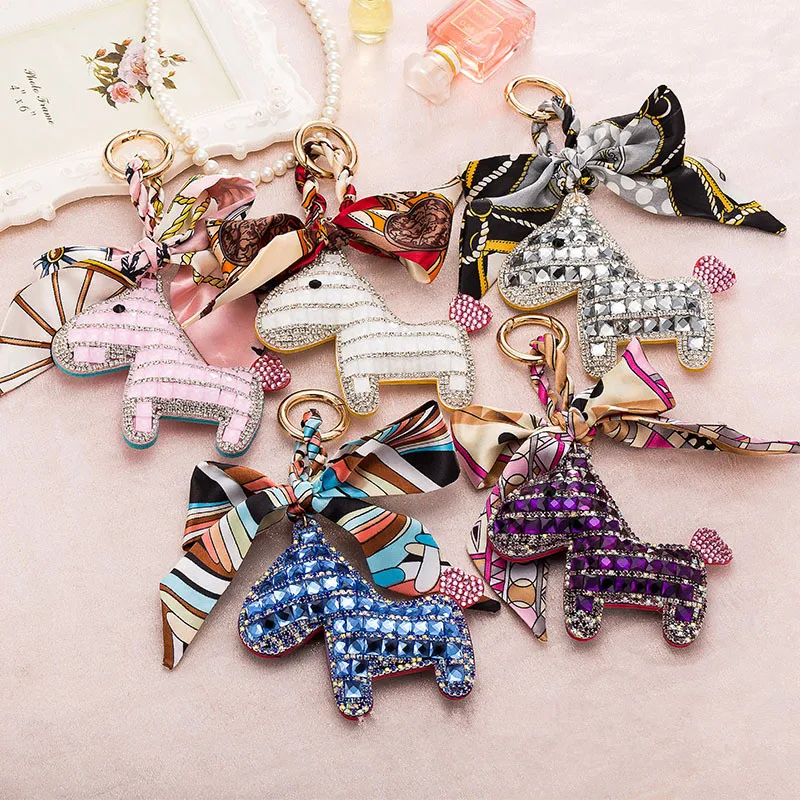 

100Pcs Cute Rhinestone Horse Keychain Pompom Rabbit Fur Ball Key Ring Pendant for Women Bag Handbag Purse Backpack Car Ornament