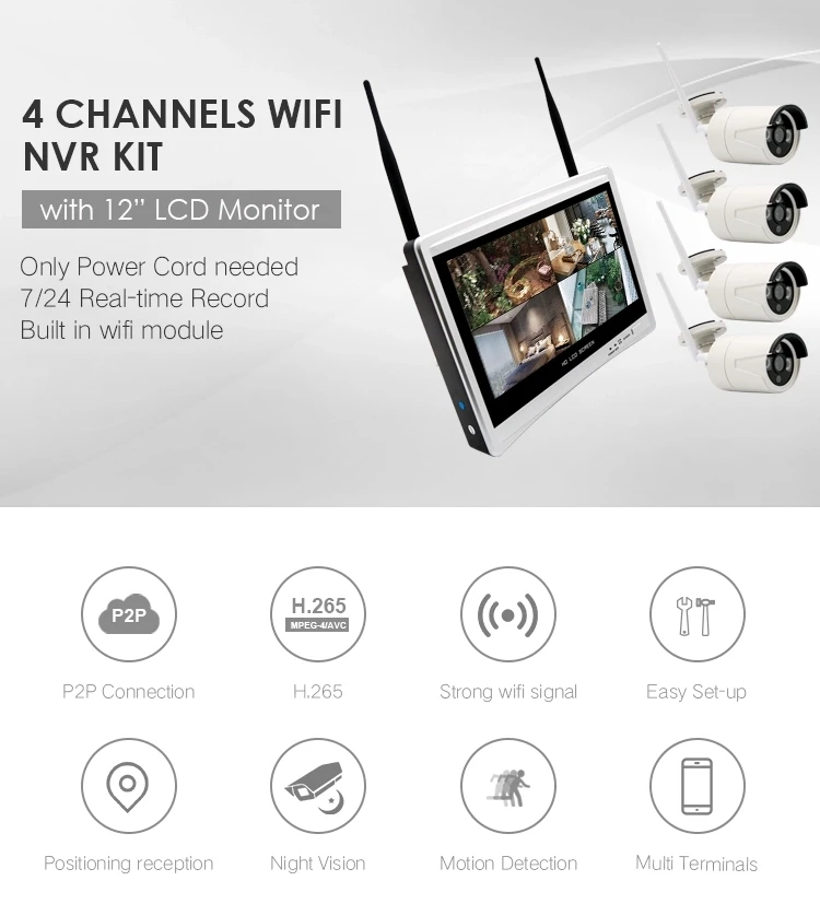 Top 12 Inch LCD Monitor Wireless NVR CCTV Security Camera System 4CH 960P H.265 WiFi NVR Kits 4 Channel CCTV Surveillance Kit 0
