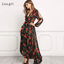 liva girl 2018 summer women dress new deep v hollow sexy long sleeves elastic waist flower print beach woman dress