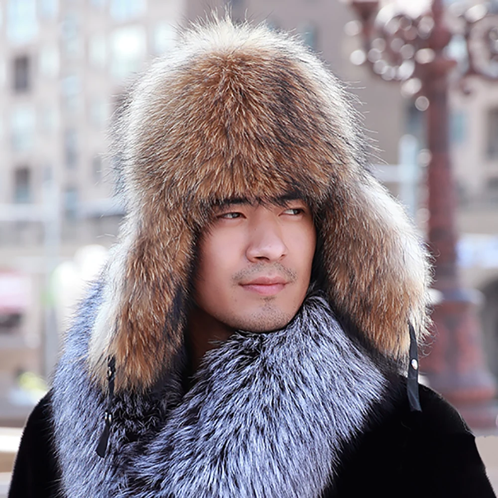 

YCFUR Men Bomber Hats Caps Raccoon Silver Fox Fur Bomber Hat Cap Male Ears Fabric Top Men Cap Hat Winter
