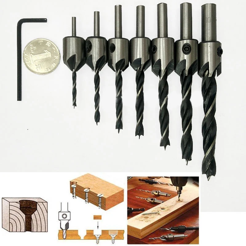 7pcs HSS 5 Flute Countersink Drills Bit Reamer Set Woodworking Chamfer 3-10mm