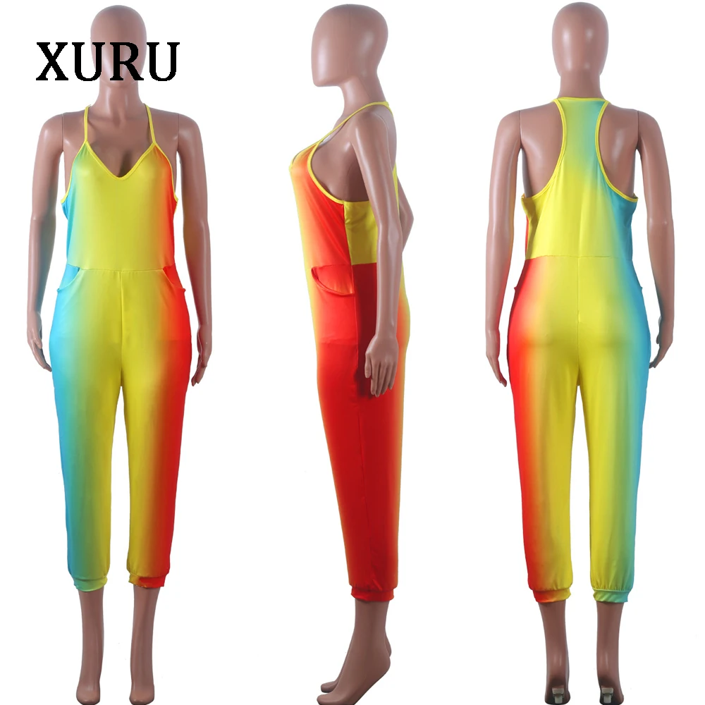 XURU Women Strap Sexy Jumpsuits 3/4 Pants Rompers Rainbow Print Sleeveless V Neck Pockets Jumpsuit Woman Comfortable Overalls Jumpsuits and Playsuits