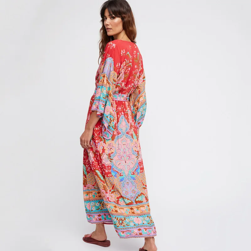 Bohemian Floral Print Maxi Dress Fashion V-Neck With Tie Kimono Gown Women Three Quarter Sleeve Robe Boho Beach Long Dresses Dresses