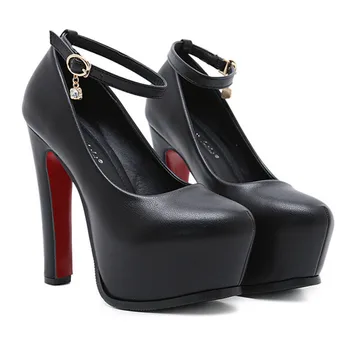 

2019 Europe and the United States round head single shoes platform waterproof platform word buckle shallow mouth highheels wome