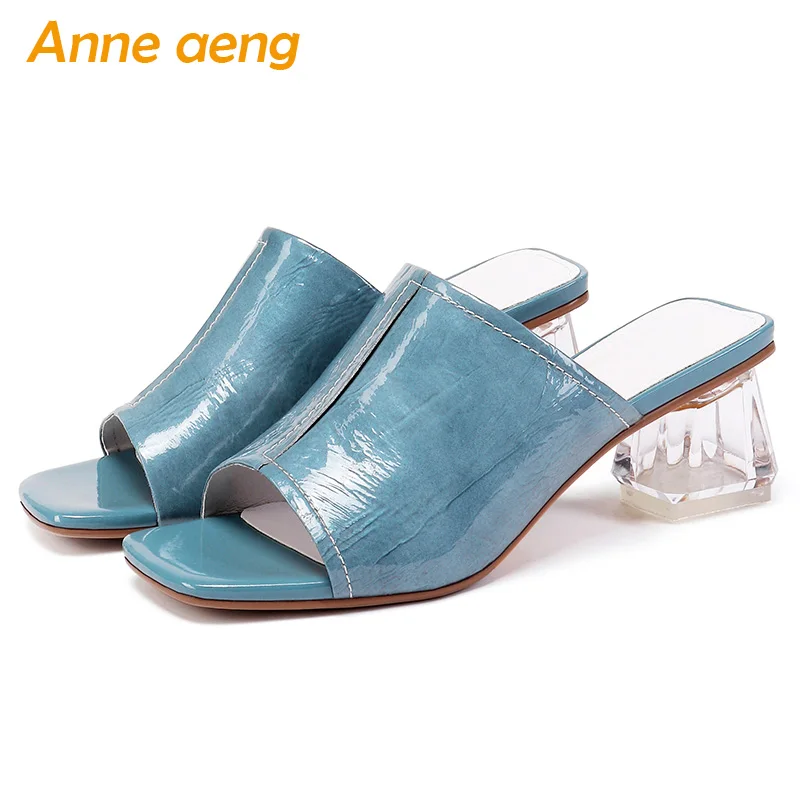 

2019 New Summer Genuine Leather Outside Women Slippers High Square Heel Crystal Casual Women Shoes Blue Female Mules Slides