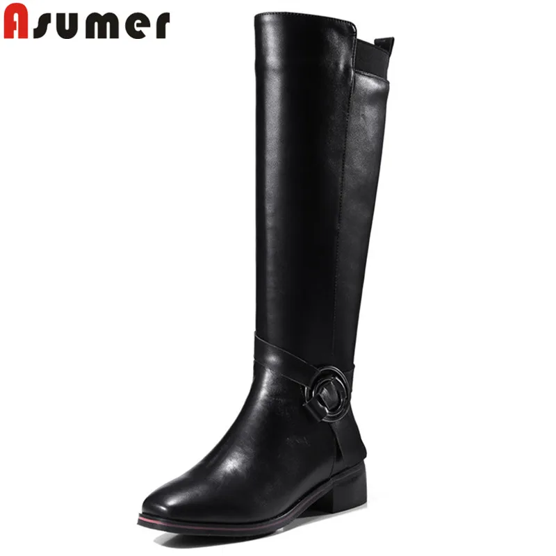 

ASUMER black fashion 2018 knee high boots women square toe zip genuine leather boots med heels ladies prom boots size 33-41