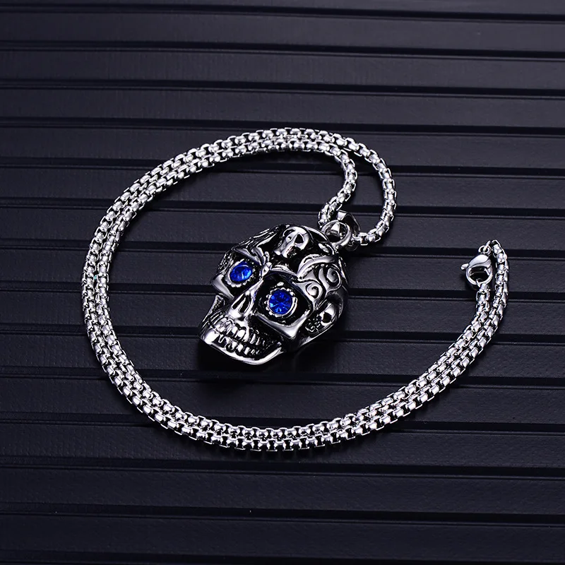 OQEPJ Синие стразы глаза скелет ожерелье с кулоном череп 316L Нержавеющая Сталь Серебряный цвет Высокое качество ожерелье s мужские ювелирные изделия