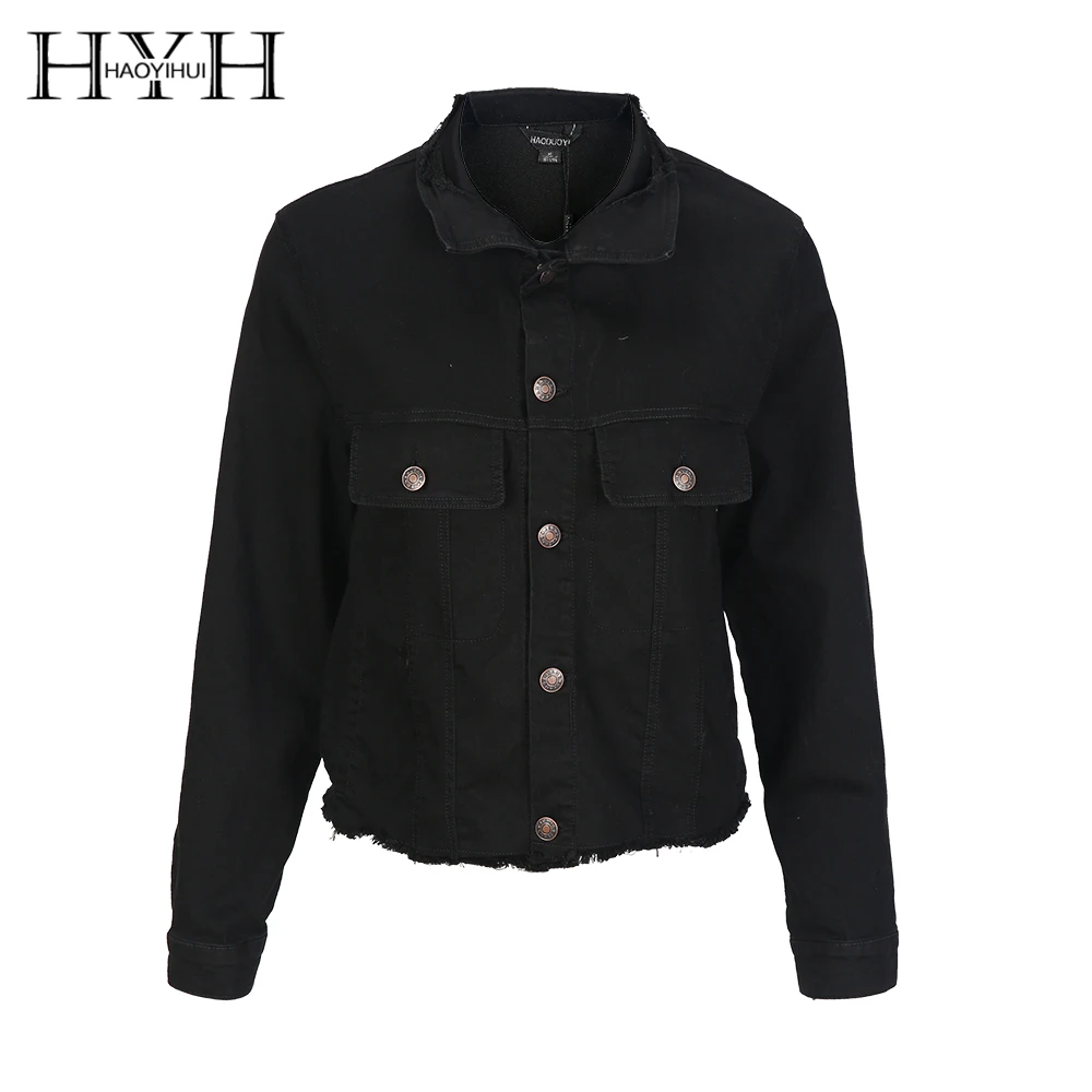 HYH Haoyihui Women Black Denim Jacket Casual Long Sleeve Button Female Short Outwear Streetwear Seqiuned Back Ladies Cowboy Coat | Женская