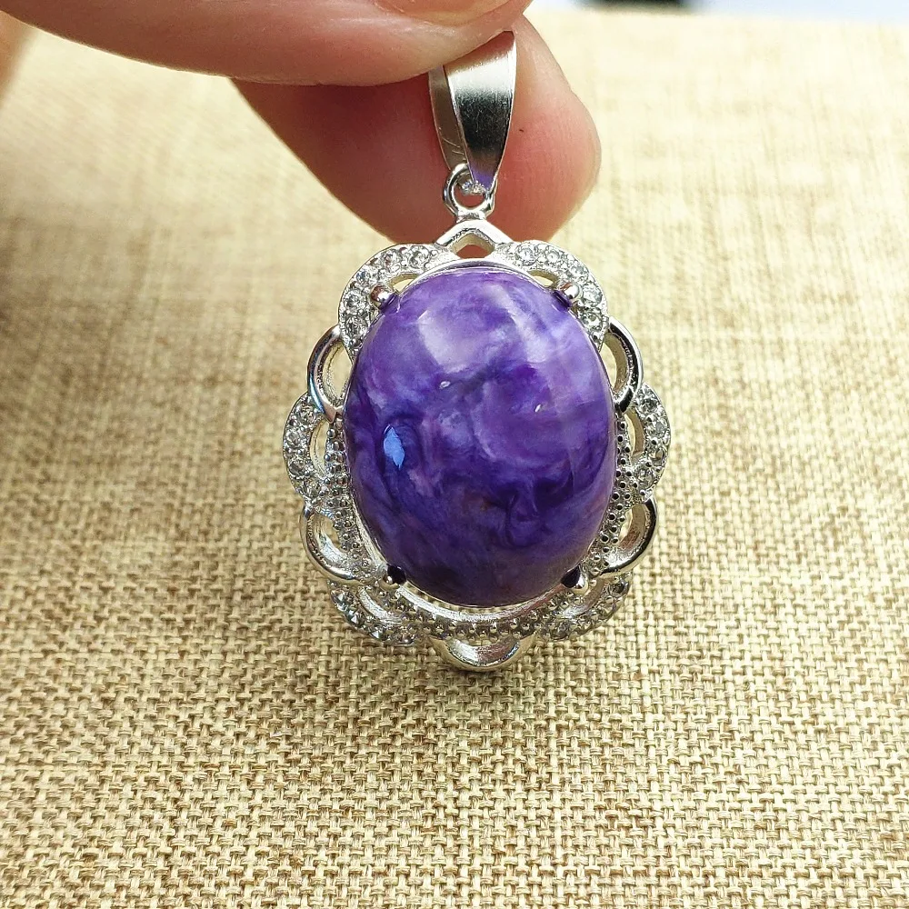 

Genuine Natural Charoite Purple Gemstone Charm Woman Pendant Crystal 26x20mm Oval Silve Plated Necklace Man Healing Stone AAAAAA