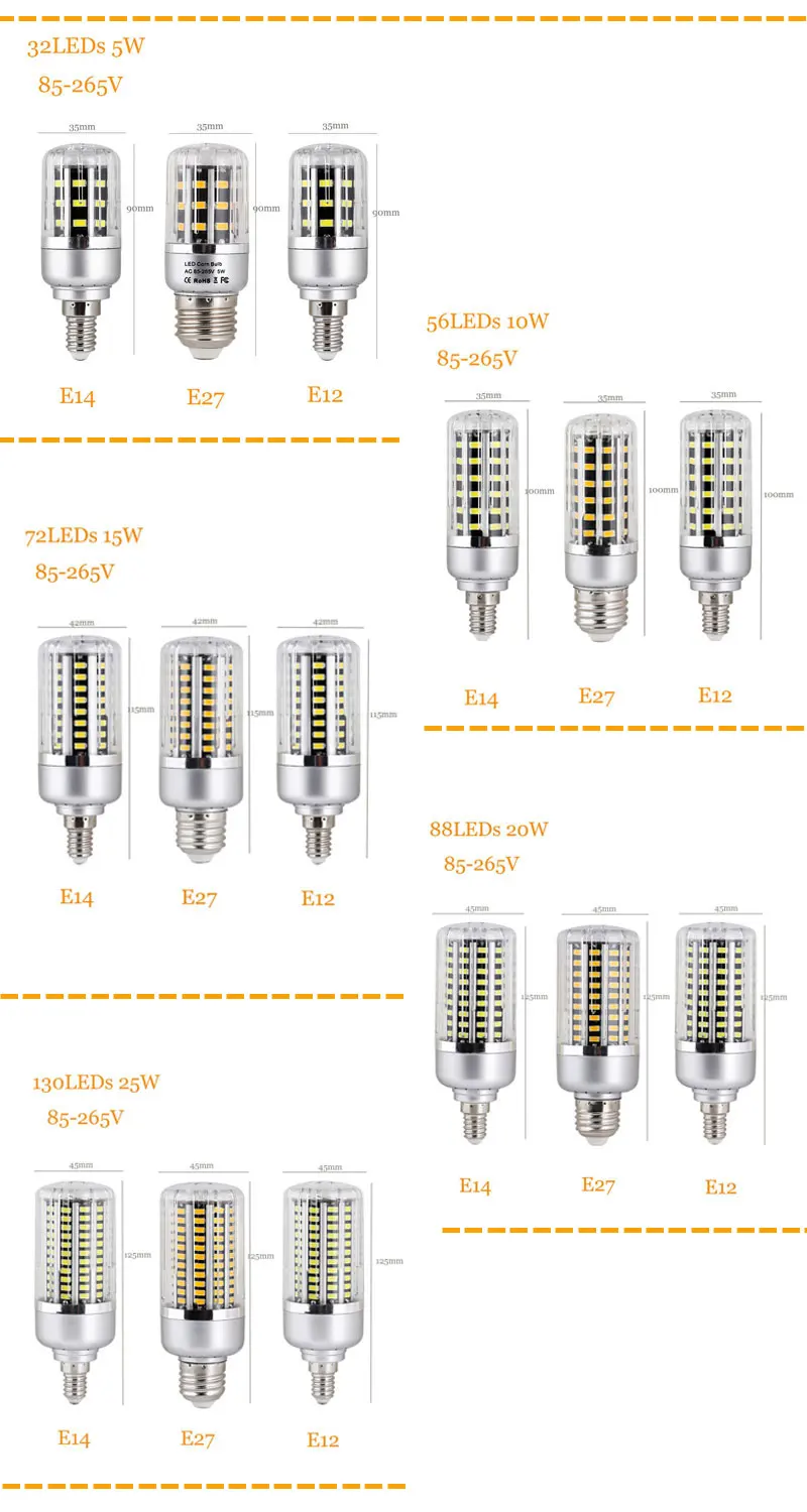 Светодиодный светильник-Кукуруза E27 E12 E14 Светодиодный диодный светильник 5 Вт 10 Вт 15 Вт 20 Вт 25 Вт SMD 5736 чипы Высокий люмен без мерцания светодиодные лампы-ампулы светильник 85-265 в