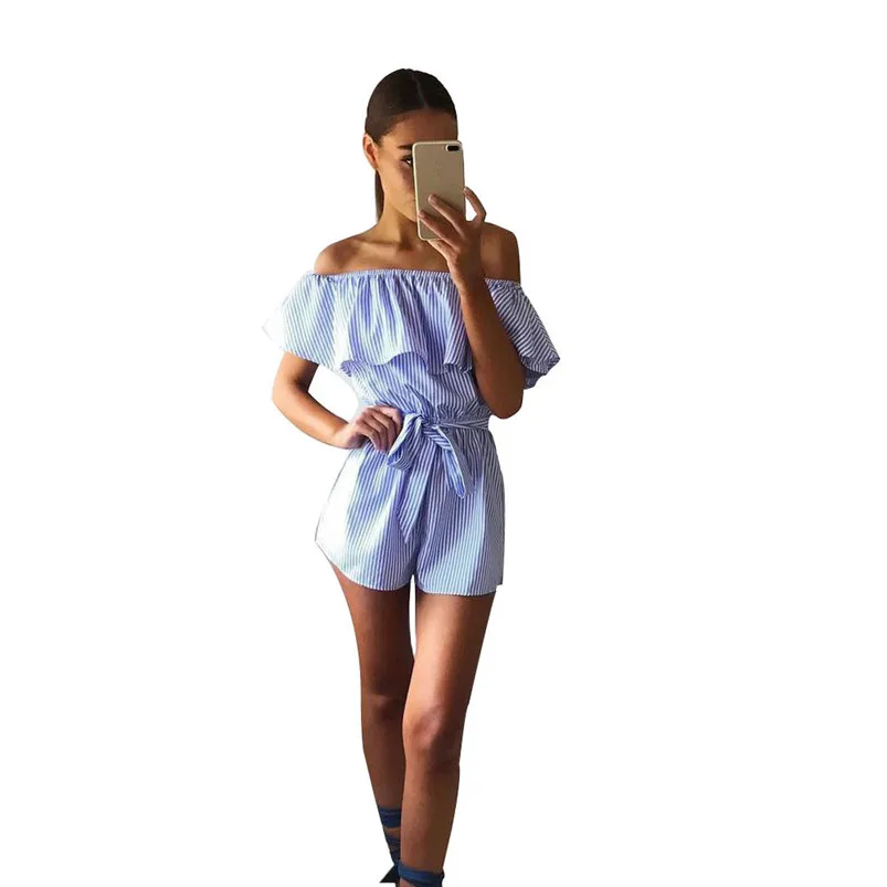 Ruffles Slash Neck Beach Playsuits Summer Women Striped Jumpsuits Girls Sexy Casual Playsuit Overalls with Belts Femininos R21 (2)