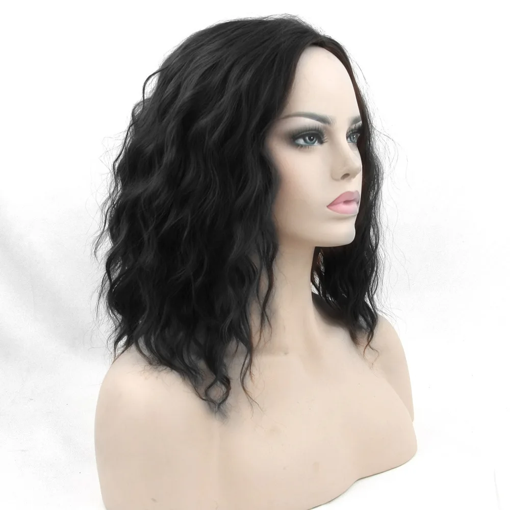 

Gres Curly Women Middle Part Cosplay None Lace Wigs High Temperature Fiber Synthetic Hair Black Medium Girl Cos Hairpieces