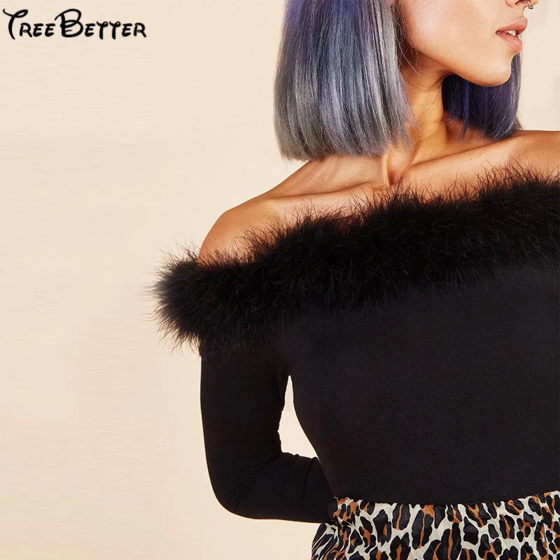 Winter Long Sleeves Feather Sexy Bodysuits Jumpsuit Romper Bodycon Bandage Playsuit Women's Slim Cotton Skinny Black