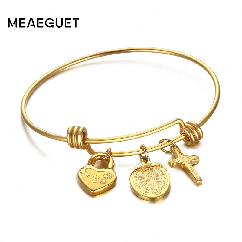 

Meaeguet Trendy Adjustable Virgin Mary Cross Bangle Bracelets For Women Jewelry Gold-Color Charm Heart Lock Bracelets&Bangles