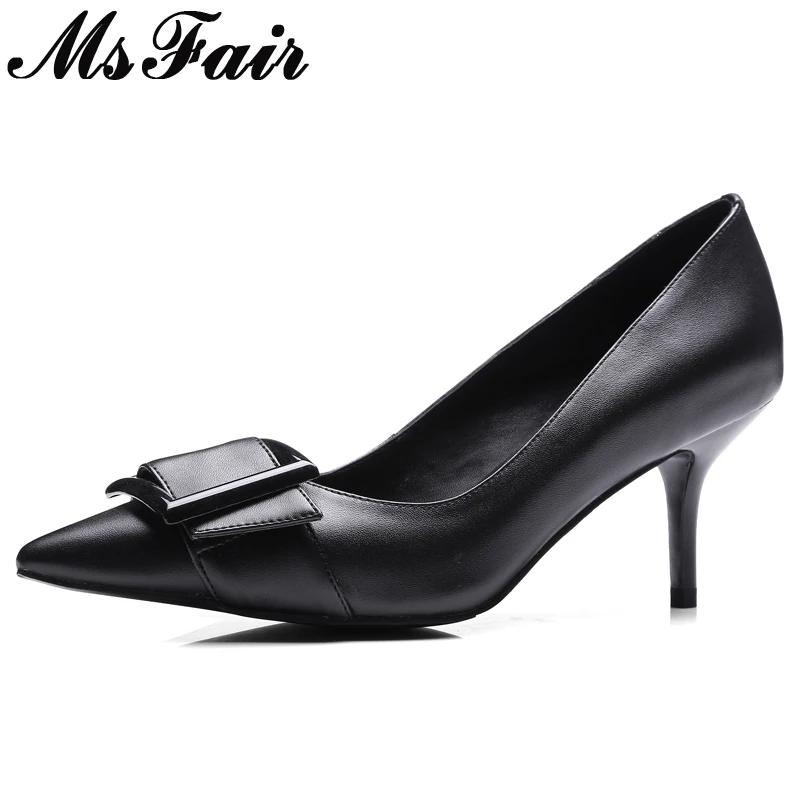 

MsFair Pointed Toe Thin Heels Women Pumps Genuine Leather Ladies High Heels 2018 Spring Fashion Buckle Shallow Women's Pumps