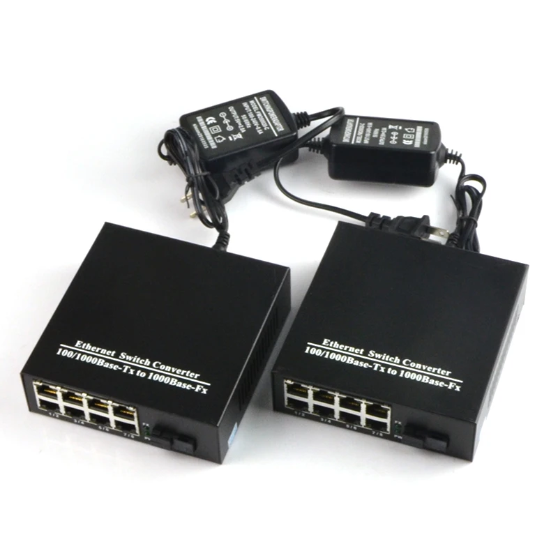 Медиаконвертер оптоволоконный Ethernet 1 пара 10/100 Мбит/с Gigabite одномодовый с 8 RJ45 UTP и SC