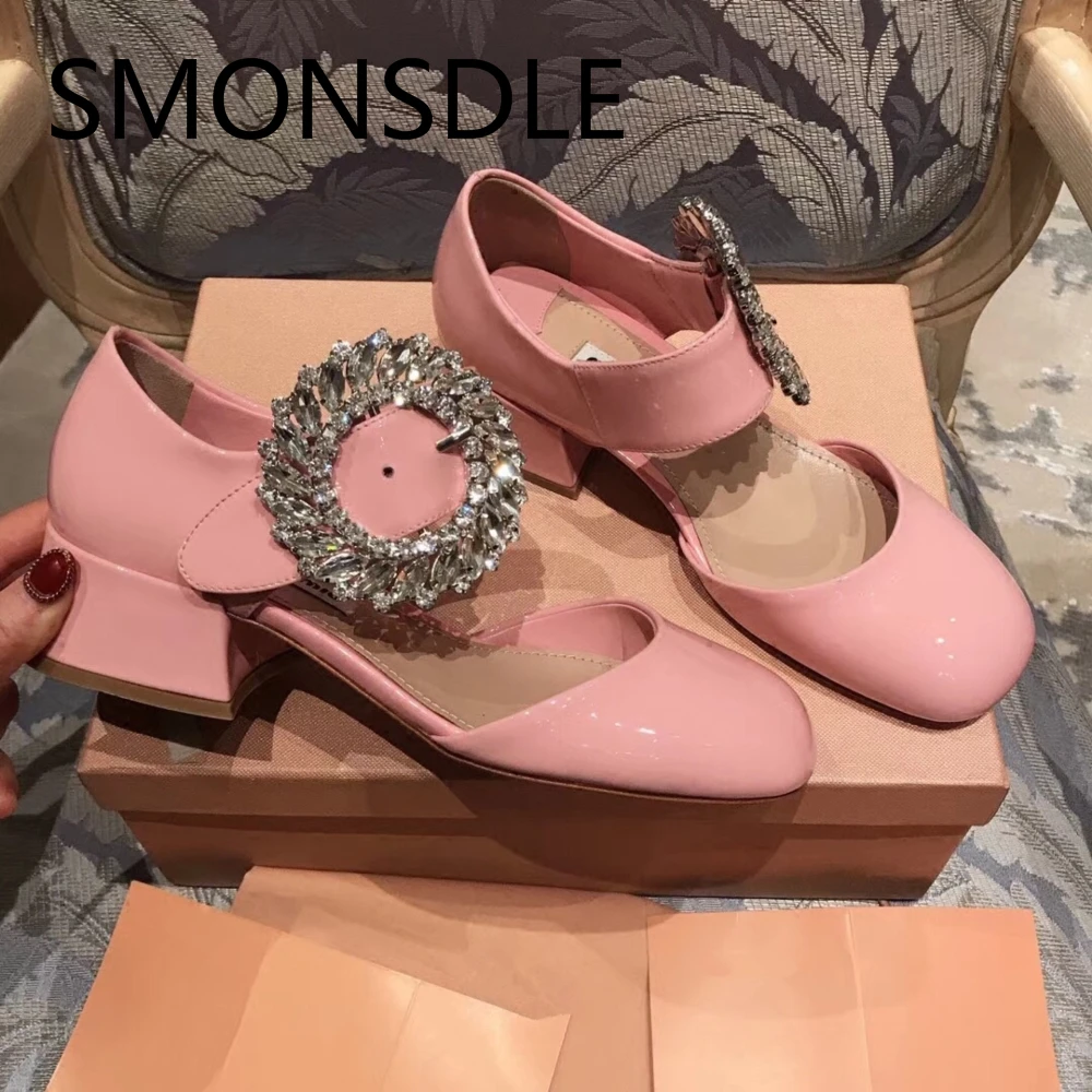 

New Spring Genuine Leather Women Pumps Black Pink Blingbling Crystal Beading Buckle Women Shoes Sweet Mary Janes Shoes Woman