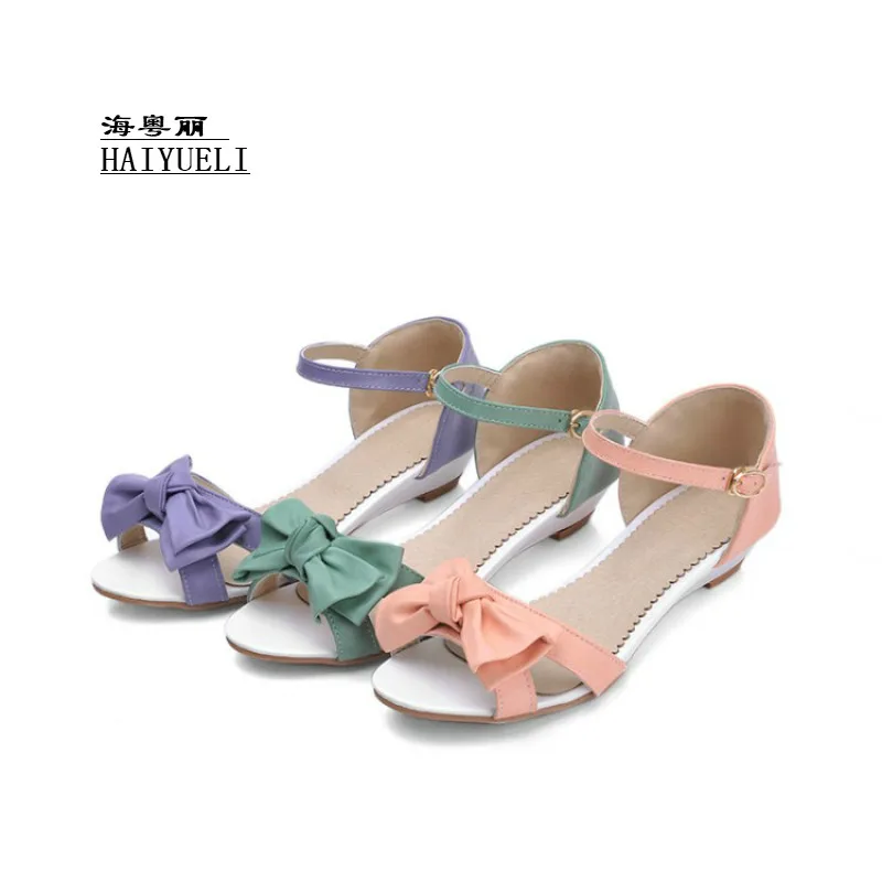 

New Cute Bowknot Design Peep Toe Ankle Buckle Pink Bule Purple Color Womens Flat Sandals Summer New Bohemian Style Leisure Shoes