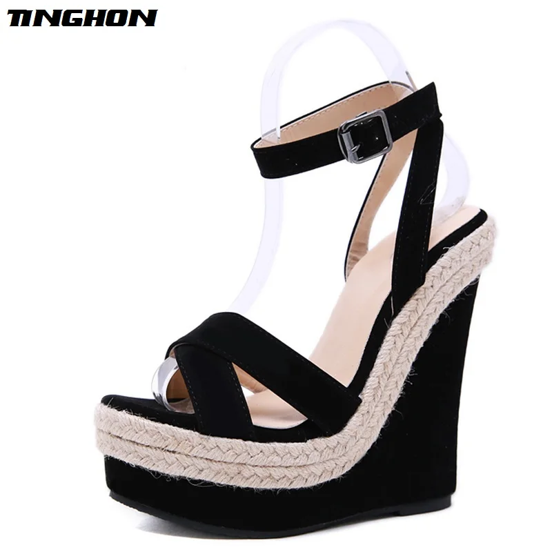 

TINGHON Women Rome Flock Sandals Buckle Strap Wedges High Heels Women's Shoes PU Open Round Toe Black Wedding Casual Shoes