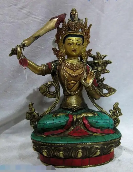 

free 9" Tibet old bronze gild calaite sculpture Manjusri Kwan-yin Bodhisattva Statue fast