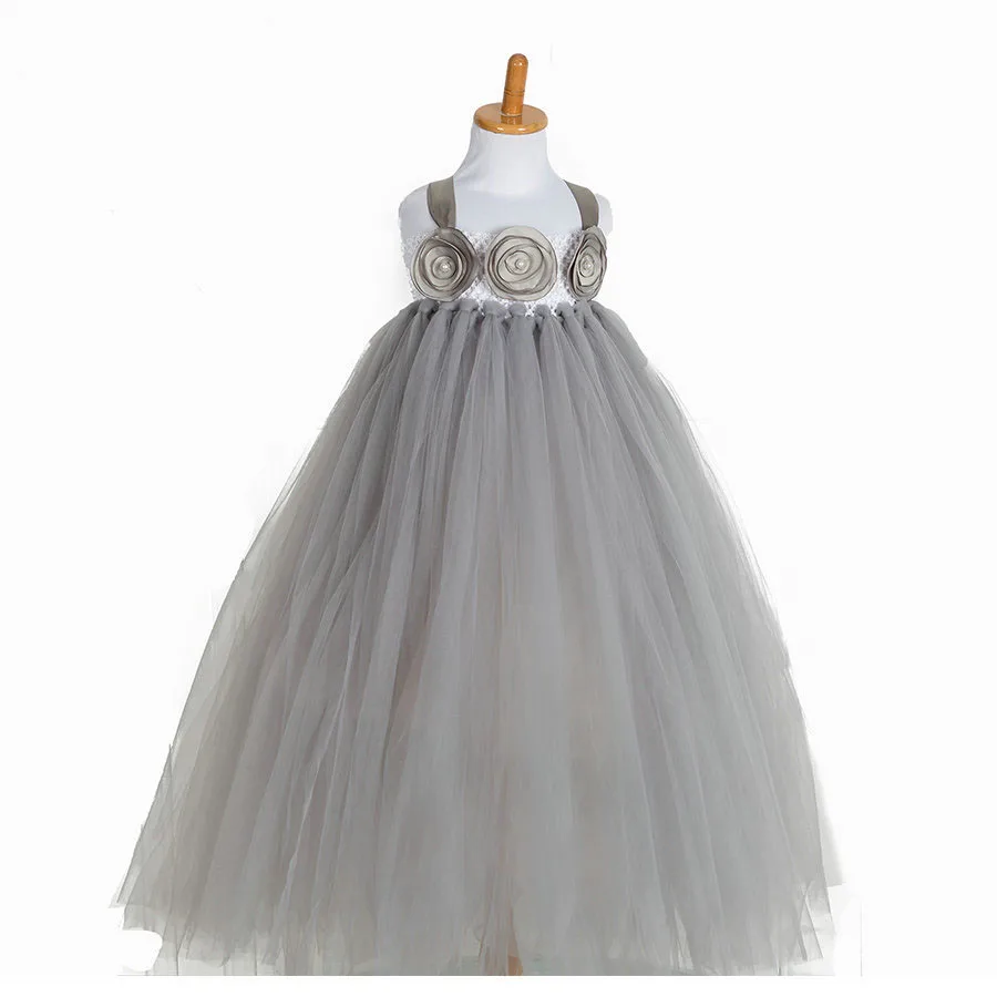 

fashion high quality handmade gray hot pink lavender child tutu girls tulle flower girl dress wedding gowns