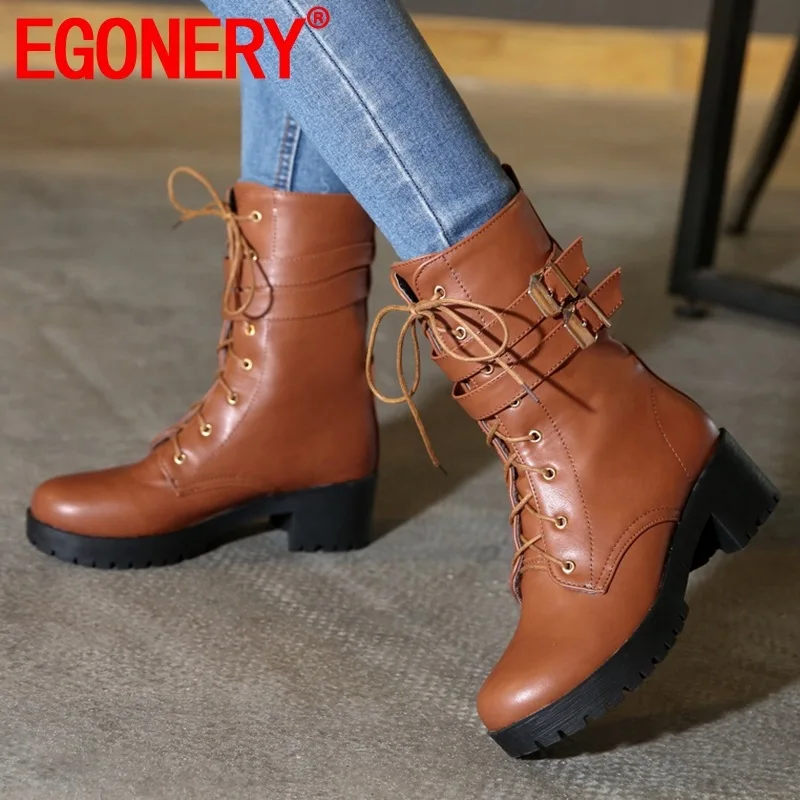 

EGONERY woman shoes 2019 winter new fashion round toe genuine leather mid calf boots outside mid heels platform plus size shoes
