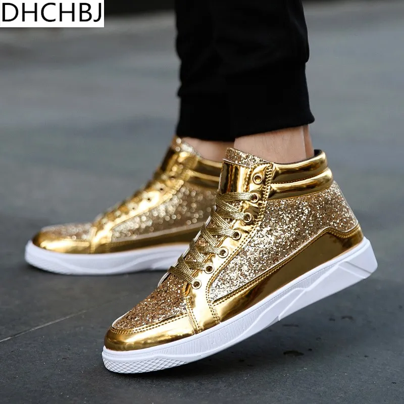 

2020 Men Hip Hop shoes leather casual shoes Gold fashion sneakers silver high tops Male black Vulcanized shoes sizes 45