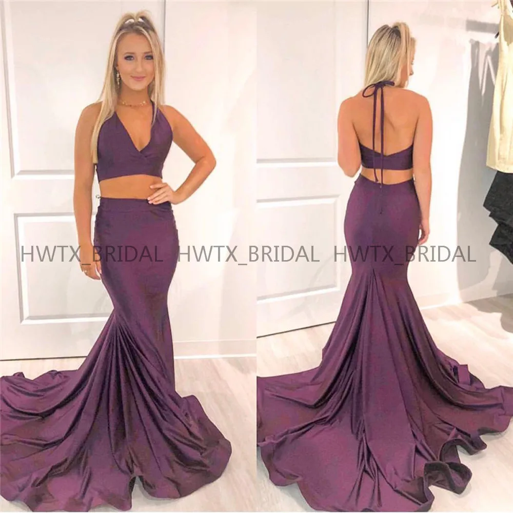 Фиолетовый вечернее платье русалки с открытой спиной вечернее платье 2019 недоуздок v-образным вырезом спинки элегантные атласные длинные