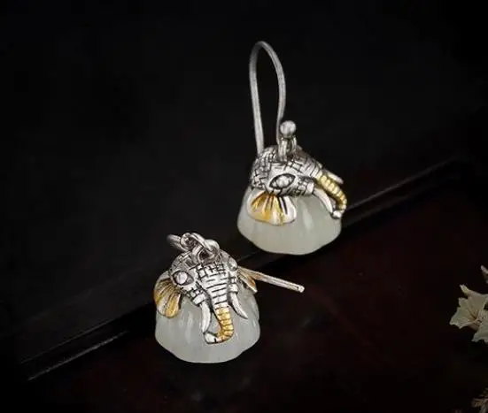 

Sterling S925 925 silver Drop Earrings elephant natural stone for woman earring trendy 13*11MM