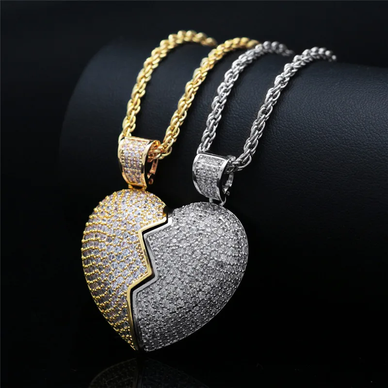 Лорин Bling льдом любителей Подвеска в виде разбитого сердца ожерелье Золотое серебро Цвет 24 дюйма Мужская цепочка хип-хоп ювелирных изделий