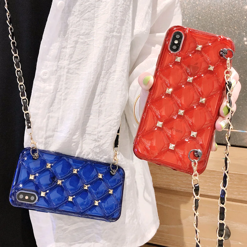 

Fashion 3D Rivet Spikes Stud Bling Phone Cover For iPhone 6 6s 7 8 Plus X XS MAX XR Soft TPU Glitter Case With Hanging Chain