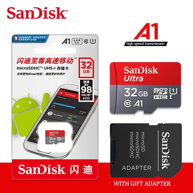 Карта памяти SanDisk A1, 200 ГБ, 128 ГБ, 64 ГБ, 98 МБ/с./с, 32 ГБ, Micro sd карта, класс 10, UHS-1, флеш-карта, память Microsd, TF/sd карта s для планшета - Емкость: 32GB with adapter