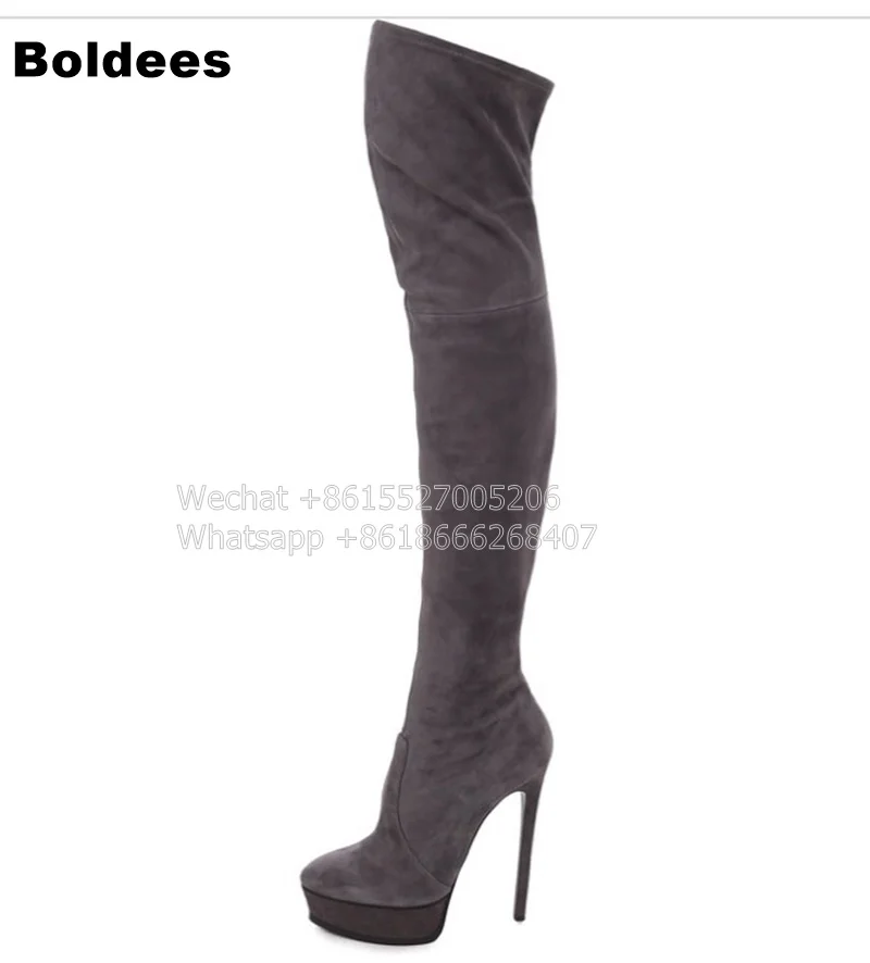 Модные сапоги на тонком высоком каблуке из эластичной замши; цвет серый, черный; женские Сапоги выше колена на платформе; эластичные сапоги до бедра