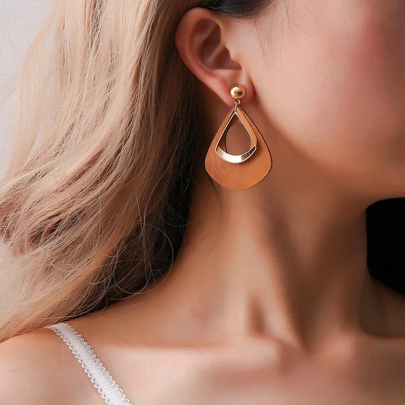 Korean Wooden Drop Earrings Personality Simple Geometric Hollow Water Drop Dangle Brincos EB152 - Image 6