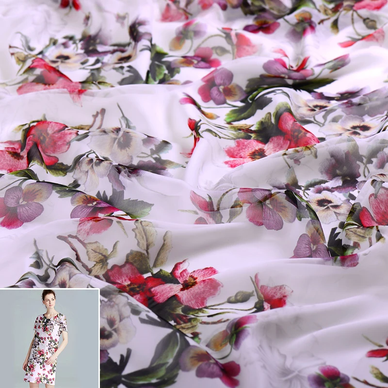 50x135cm/piece Fashion Spring Red Flower Leaf 100 Real Silk Fabric
