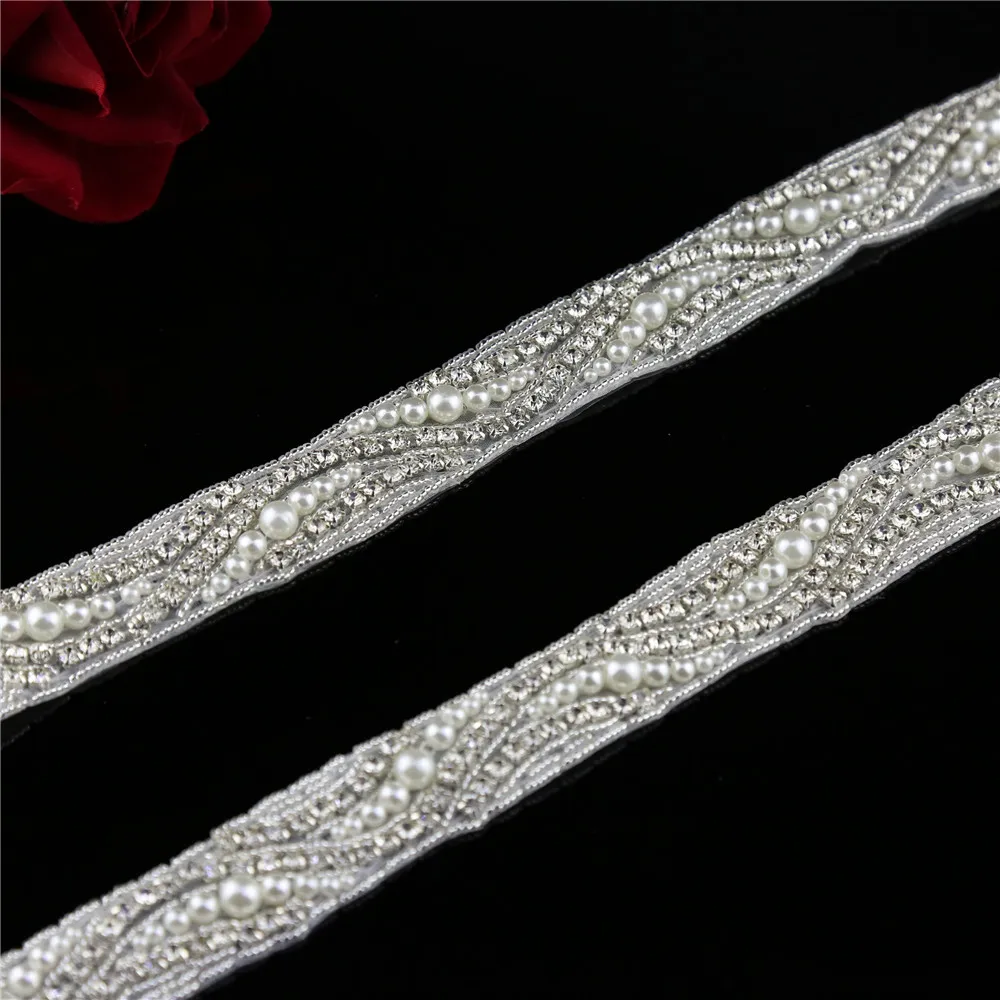 1Yard Bridal Crystal Rhinestone Applique Pearl Beaded Trim DIY Wedding Sash Belt