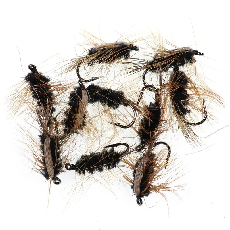Isca de Pesca 10 Pcs #6 Inseto Isca Truta Moscas Caddis Ninfa Mosca Farpado Anzol Anzol Verme Lanoso Marrom Cabelo Veados Truta Besouro Voar 15 Iscas artificiais
