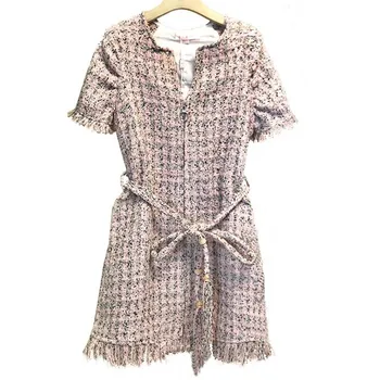 

2019 New runway Fashion Office Slim Tweed Dress Women Short Sleeve Vintage Tassel High Quality Ladies mini Dresses Vestidos