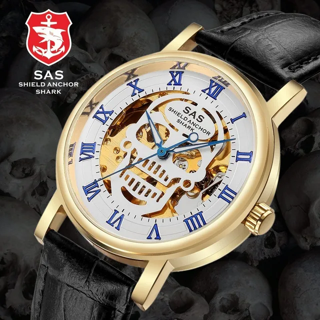 SAS Shield Anchor Shark Vintage Watch Mechanical Skull Skeleton Steampunk Watch Men Fashion Design Leather Wristwatch Mens Watch